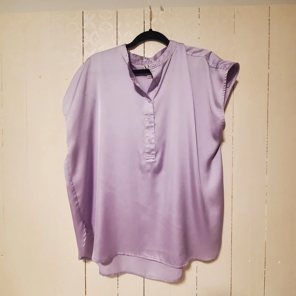 Worthington Lavender Purple Satin Cap Sleeve Blouse XL Mandarin Collar Hi-Low
